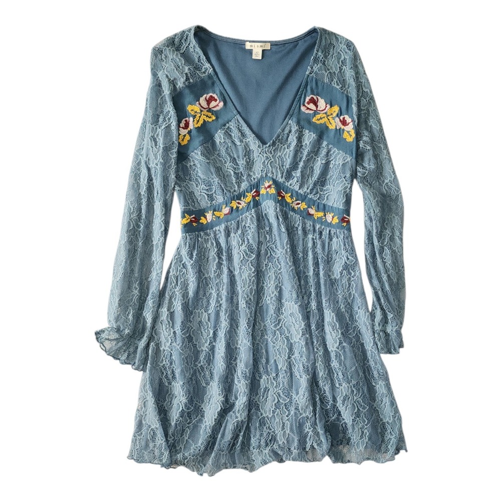 Miami Mi Ami‎ Dress Womens XS Blue Embroidered Lace Boho Festival Feminine Mini